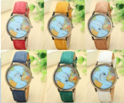 Weltkarte Reise Armbanduhr Analog Lederband Stahlboden Vintage-Stil UK