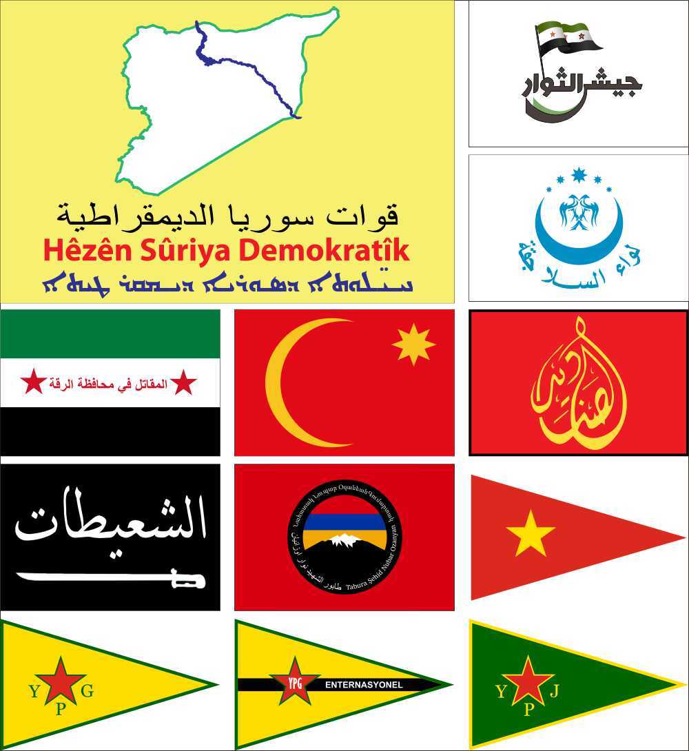 Bandera de Siria Fuerzas Democráticas YPG Internacional YPJ Jaysh al-Thuwar Raqqa selyúcida