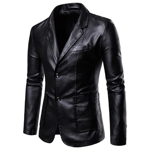 Mens PU Leather Jacket Business Blazer Coat Two Button Nightclub Slim Fit Casual - Picture 19 of 25