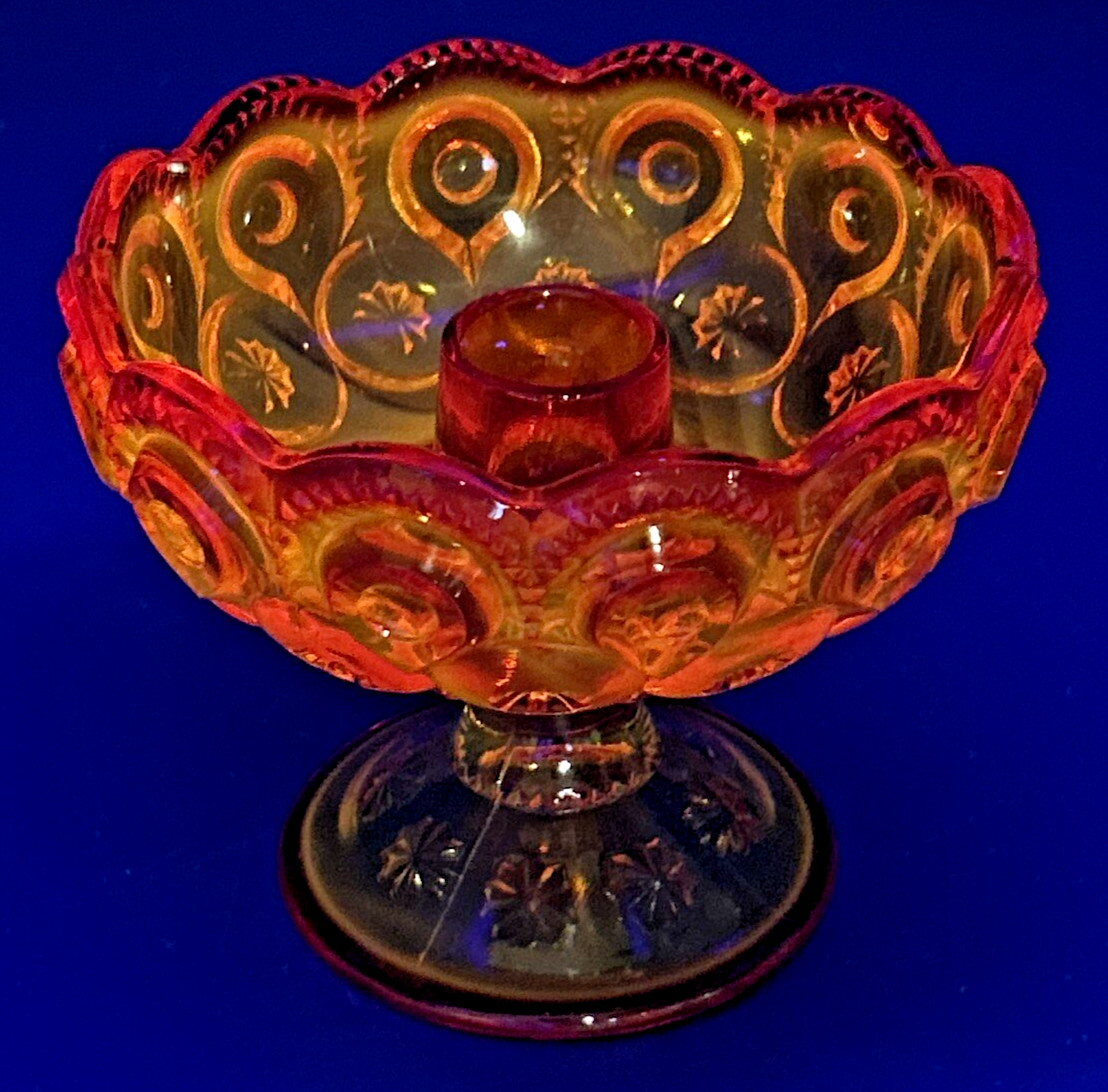 L.E. Smith Moon & Stars Ruby Red & Orange Amberina Candleholder Compote Bowl