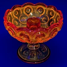 L.E. Smith Moon & Stars Ruby Red & Orange Amberina Candleholder Compote Bowl