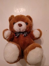 BROWN BEAR WITH PLAID BOW TIE--9 INCHES IN LENGTH--CUTE AND SOFT