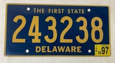 Vtg Delaware License Plate - &lsquo;97 Tag, The First State - #243238 - Good Condition