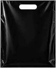 200 Pack Black Plastic Merchandise Bags with Die-Cut Handles, 12" X 15"