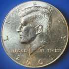 2001-D Kennedy Half Dollar NIFC. Lightly Circulated. MS/AU. Stock Photo. KHD-044