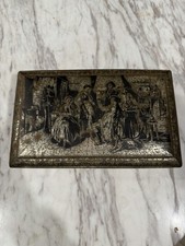 Antique Vintage 1930s Teniers Belgium Tin Candy Box Metal Silver Tone