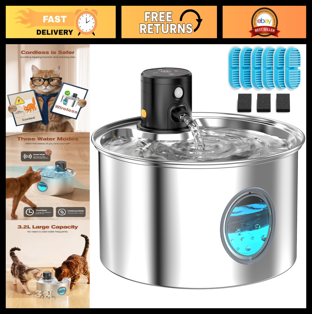 Wireless Stainless Steel Cat Water Fountain 3.2L