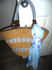 Large Wicker Straw Blue & White Quality Beach Tote Bag & FREE Scarf NEW