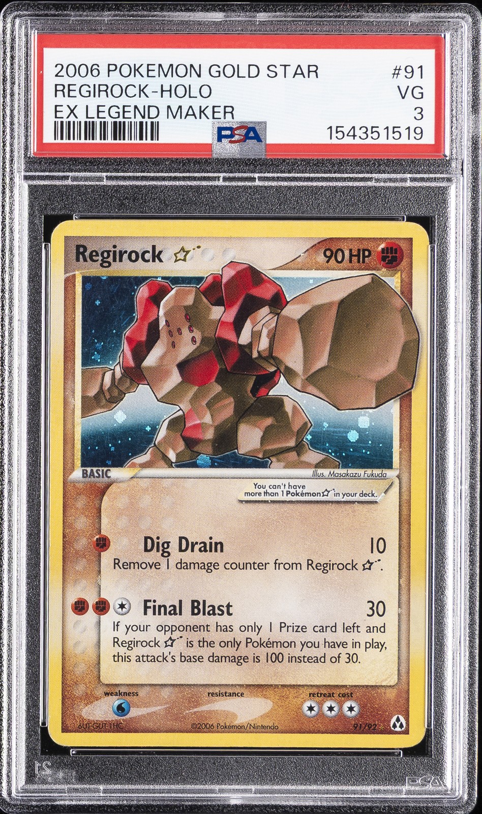 2006 POKEMON EX LEGEND MAKER GOLD STAR #91 REGIROCK-HOLO PSA 3