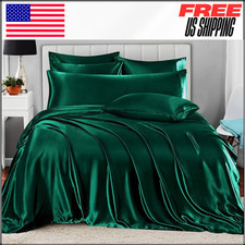 Satin California King Size Bed Set, Blackish Green Luxury Satin Bedding, 7 Pcs