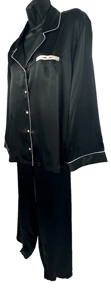 Jones New York Womens Long Sleeve Pajama Top Pant Set Size XL Black Satin - Image 4 of 4