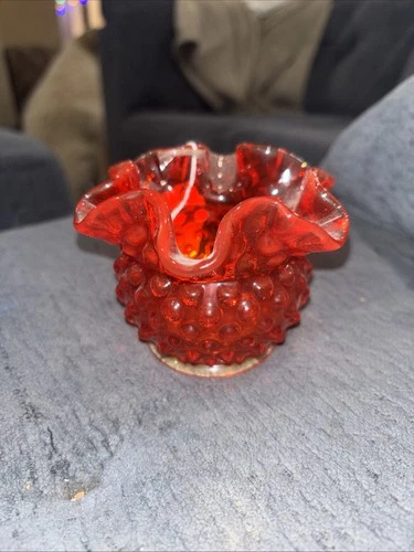 Vtg Fenton Ruby Red Amberina Orange Hobnail Glass Small Rose Bowl Glows