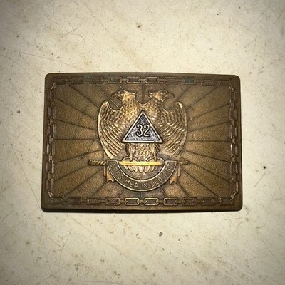 Vtg Masonic 32nd Degree ''Spes Mea In Deo Est'' 2 Headed Perched Eagle Belt Buckle