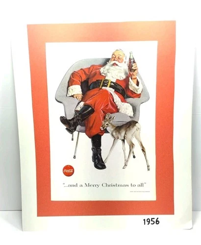 1956 Coca Cola Merry Christmas To All Santa Deer Glued to cardboard VTG Print Ad
