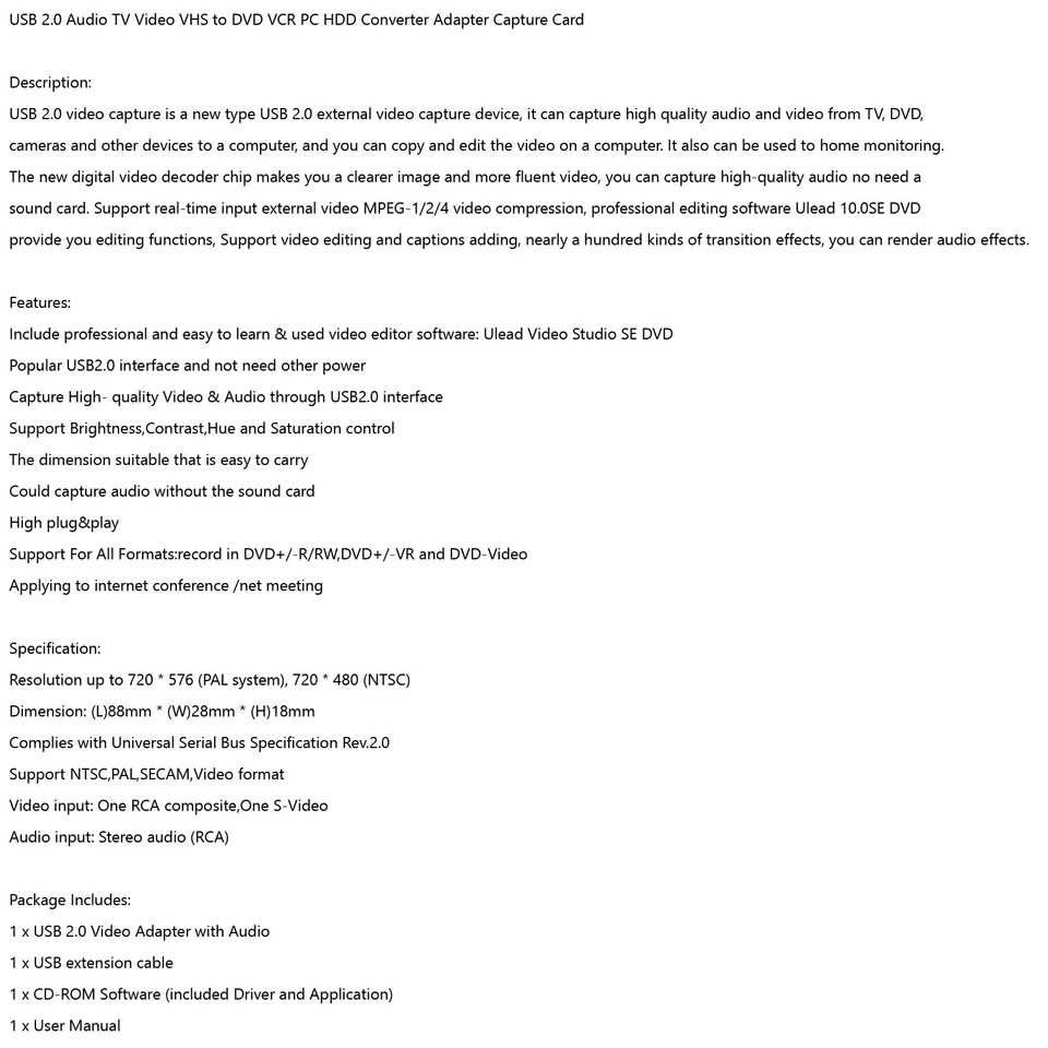 Video Capture Card VCR VHS to Digital DVD Converter Fit for Mac Windows 10 8 - Image 3 of 4