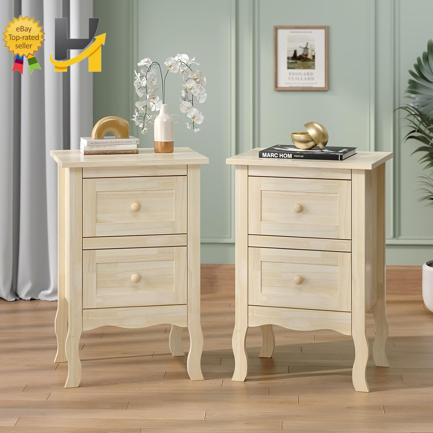 Solid Wood Unfinished Nightstands Set of 2 with Drawers for Bedroom