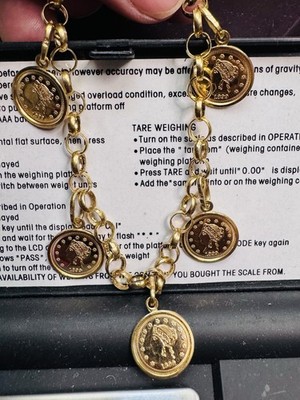 Pure 18C 750 18K Real Fine Yellow Gold Lucky Coin Bracelet 7.5  long 13.17g