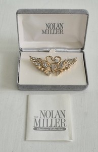 Authentic Nolan Miller Signed Kissing Swans Pin Gold Plated Base & Savoski Crystals
