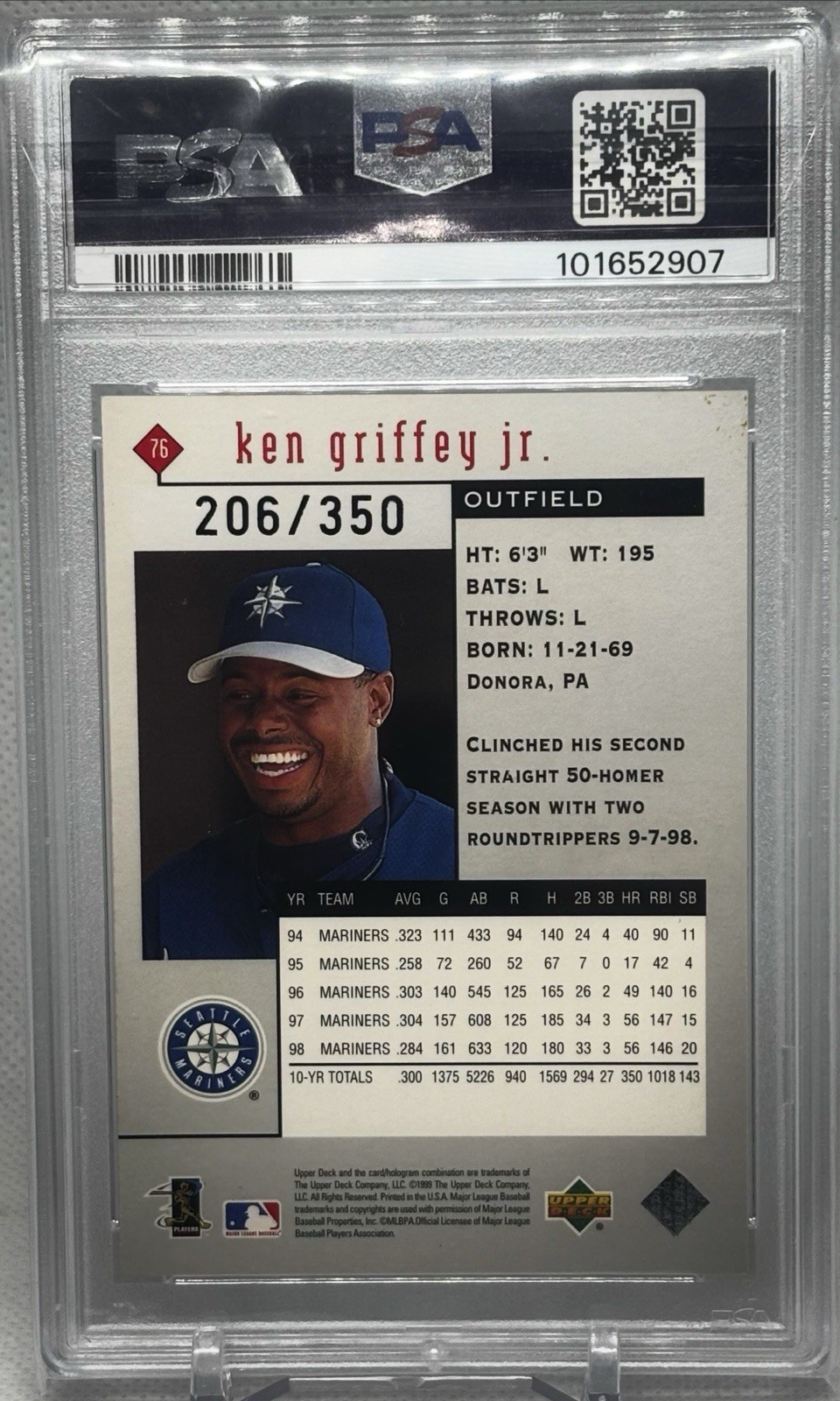 1999 Upper Deck Black Diamond #76 Ken Griffey Jr Triple Gold SSP #/350 PSA 7 NM view 2