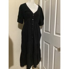 Madewell Black Gauze Midi Dress Button Front V Neck Short Sleeve Size 8