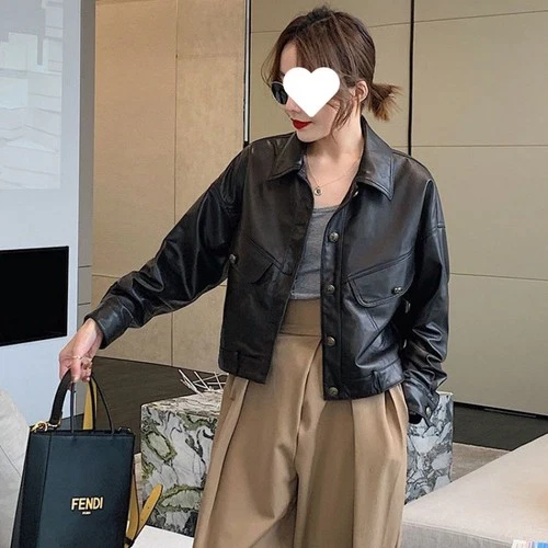 Damen Einreiher PU Leder Langarm Reverskragen Kurzmantel Jacke Neu - Bild 21 von 22