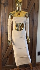 PrettyLittleThing Size 6 Nude/Beige Off Shoulder Ruched Bodycon Dress New