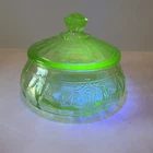 Vintage Hocking Uranium Glass Cameo Ballerina Green Depression Lidded Candy Dish