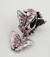 925 Sterling Silver Pink & White Butterfly Charm/Pendant For Bracelet / Necklace
