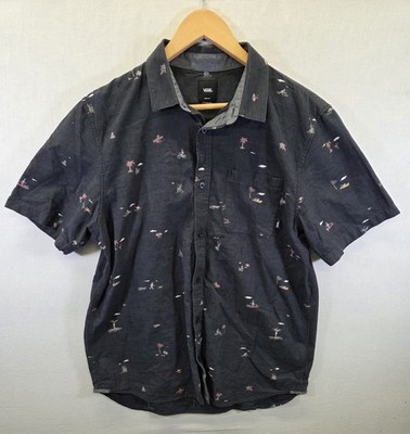 Vans Short Sleeve Shirt Mens Medium Black Tropical Palm Tree Cotton Tres Palmas