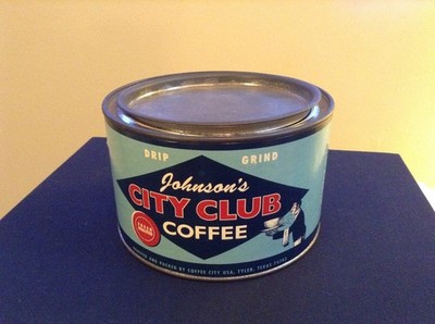 Vintage Coffee Tin   Johnson s City Club Coffee, Texas, Paper Label with Lid