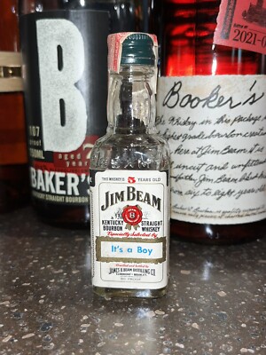 Vtg 1970s Jim Beam IT S A BOY 1/10 Pint Whiskey Miniature Glass Bottle Paper Lbl