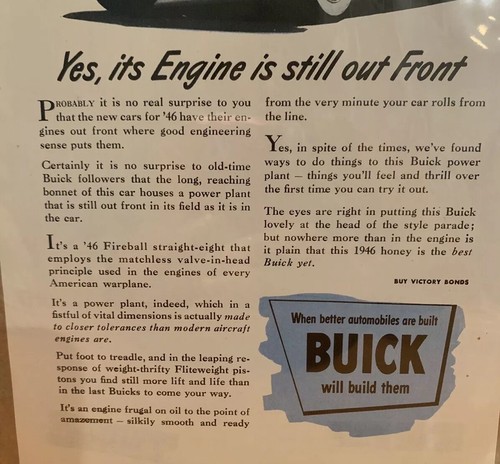 Pubblicità d'epoca Buick 1946 "Sì, il motore è ancora fuori dal davanti" - Foto 2 di 3