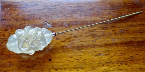 Vintage ungewöhnliche halbtransparente klare & goldene Plexiglas Perlen Hutnadel -364 - Bild 2 von 2
