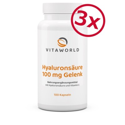 Vita World 3er Pack Hyaluron Säure 100mg Gelenk 3 x 100 VKapseln Made in Germany