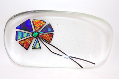 Beautiful! Fused Art Glass Dichroic Flower Design Signed Trinket Dish Tray 8.5''