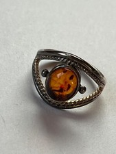 Wide 925 CW Marked Split Silver Band w Oval Amber w Inclusions Stone Ring Size