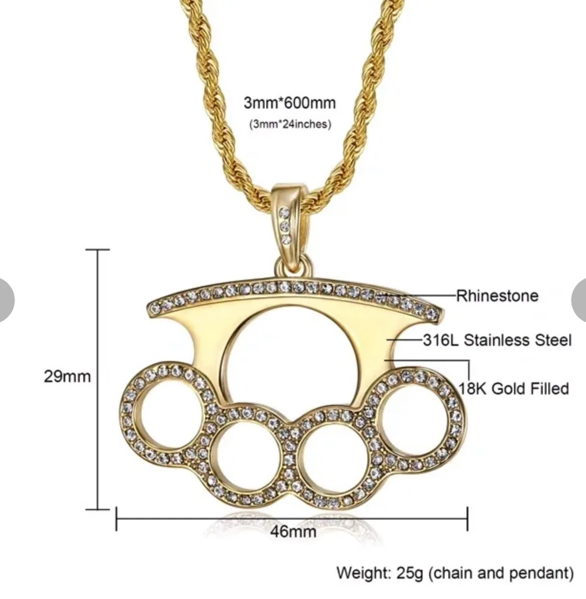 Gold Silver Filled Iced Out 18K Knuckle Duster Pendant Necklace stainless steel