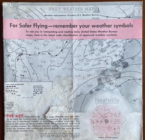 1960 Airplane Aviation DAILY WEATHER MAP Guide Symbols WEATHER BUREAU Nashville