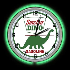 19" Sinclair Dino Dinosaur Gasoline Oil Sign Double Neon Clock Chrome Finish