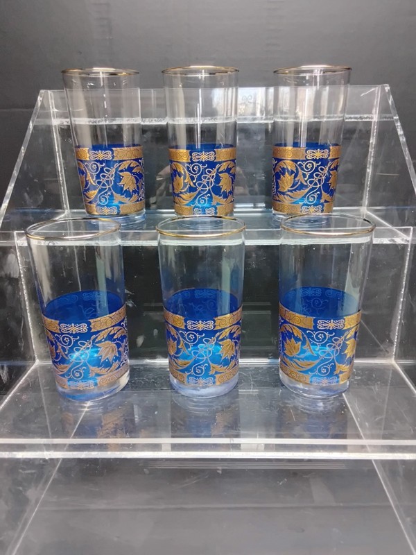 Vintage Cobalt Blue & Gold Water Glasses/Highball  Set Of 6