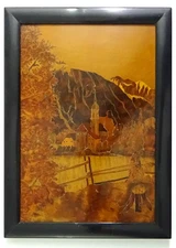 Vintage Framed Wood Marquetry Church Mountain Lake Scene B&G? #025