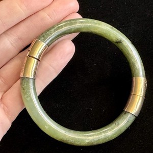 Authentic Vintage Jade Bracelet Spinach Green Nephrite Hinged Bangle Gold Plated 8mm wide