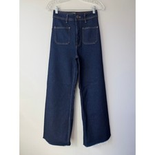 Zara Size 2 The Patch Pockets Marine Straight Jeans Dark Indigo Raw Hem 29"