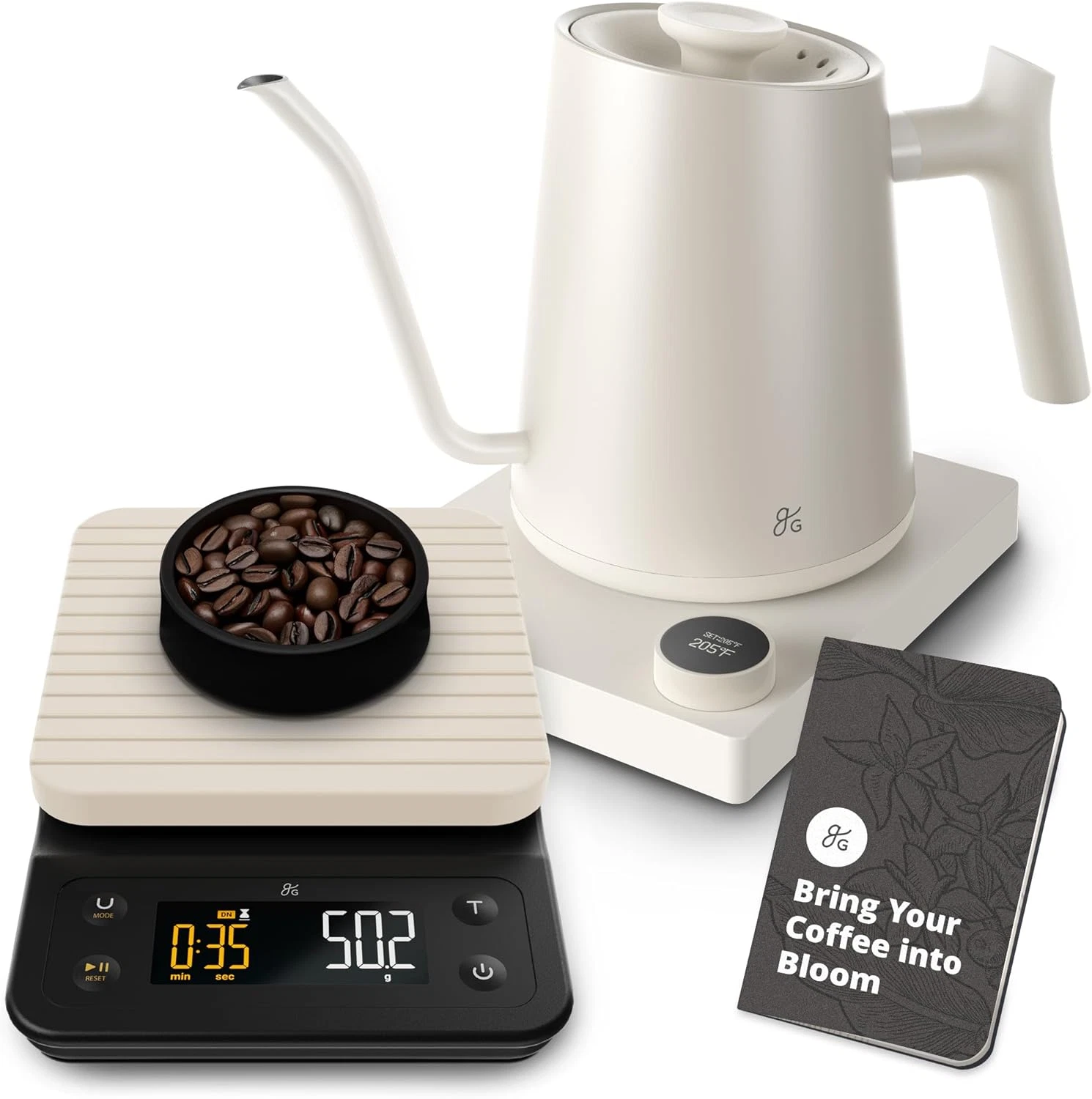 Stylish Birch White Electric Gooseneck Kettle & Coffee Scale by