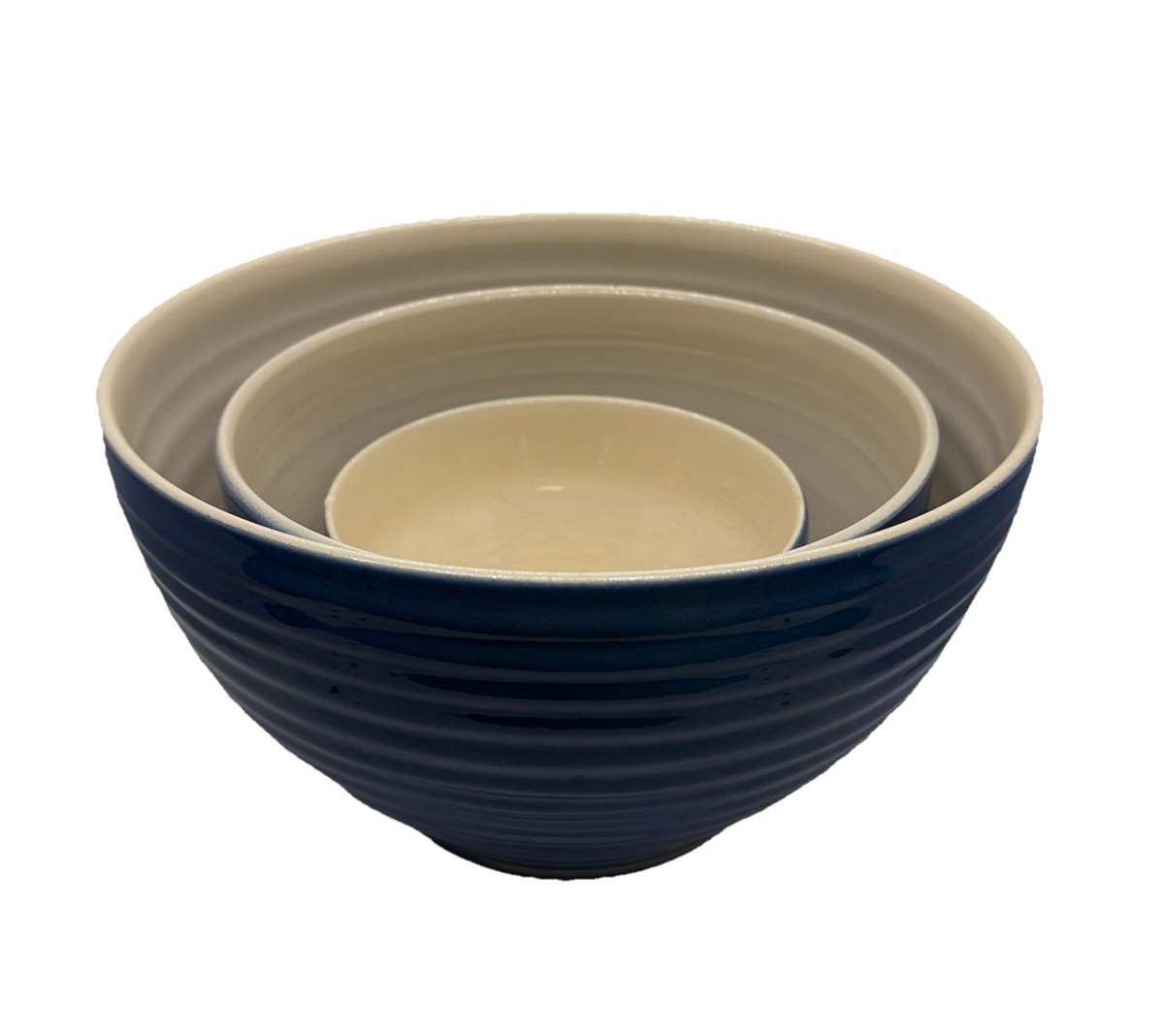 Vintage Emile Henry Blue Ribbed Nesting Bowl Set (3) Made In