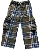 Mini Boden Boys Plaid Flannel Cargo Pants Blue Green Tartan Elastic Waist Size 7