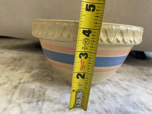 Vintage McCoy Mixing Bowl Yellow Ware Pink and Blue Stripe Square Bottom 7.5"