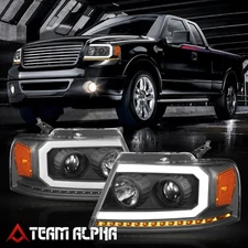 Fits 2004-2008 Ford F150 [LED SEQUENTIAL SIGNAL] Black/Amber Projector Headlight