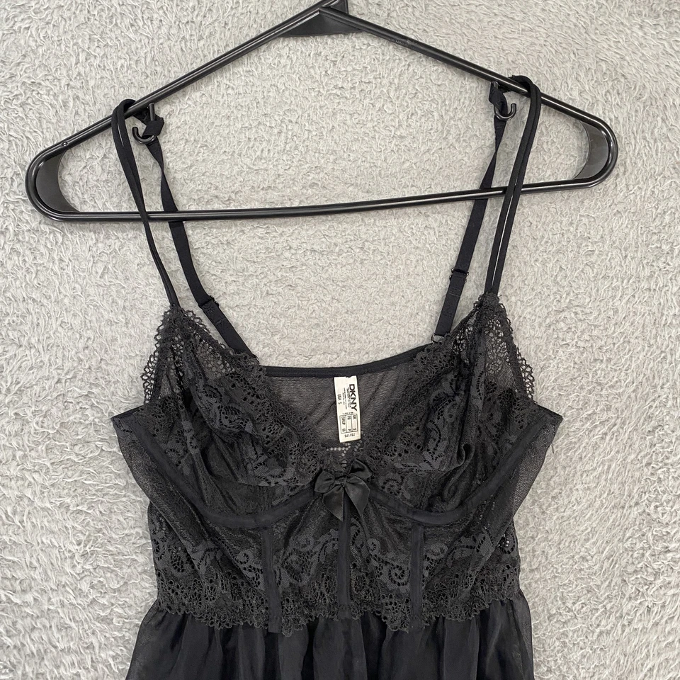Lencería DKNY Babydoll para mujer pequeña negra de encaje malla transparente camisón ropa para dormir sexy Foto 2 de 4