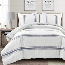Farmhouse Stripe Reversible Cotton Comforter Set, 3 Piece Set, Full/ Queen, N...